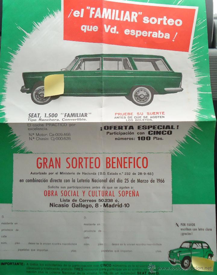 Documentos antiguos: publicidad sorteo benefico obra social loteria coche seat 1500 y 600 vehiculo motor automovil madrid