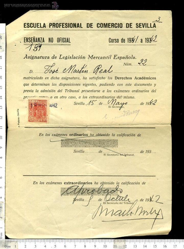 Documentos antigos: ANTIGUA PAPELETA DE EXAMEN escuela profesional de comercio de sevilla A&Ntilde;OS 40