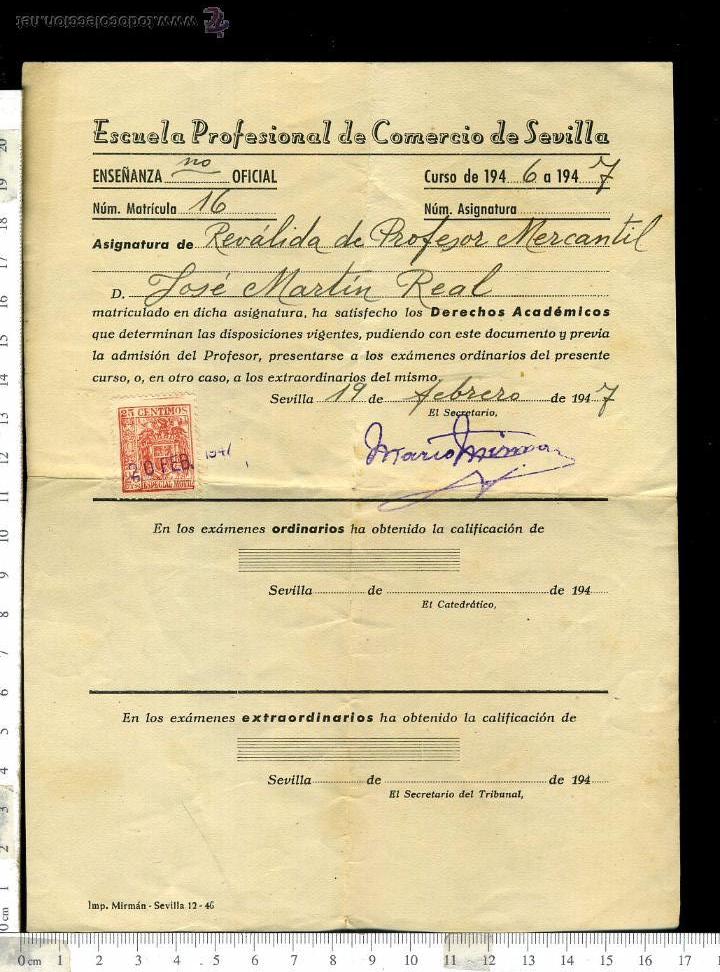 Documentos antigos: ANTIGUA PAPELETA DE EXAMEN escuela profesional de comercio de sevilla A&Ntilde;OS 40