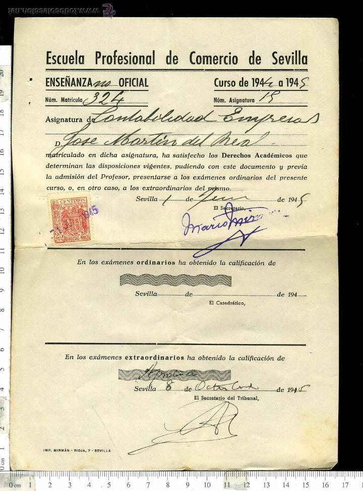 Documentos antigos: ANTIGUA PAPELETA DE EXAMEN escuela profesional de comercio de sevilla A&Ntilde;OS 40