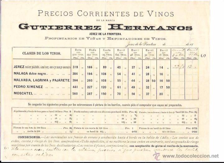 Documentos antiguos: LISTA DE PRECIOS DE VINOS DE GUTIERREZ HERMANOS.1890. - Foto 1