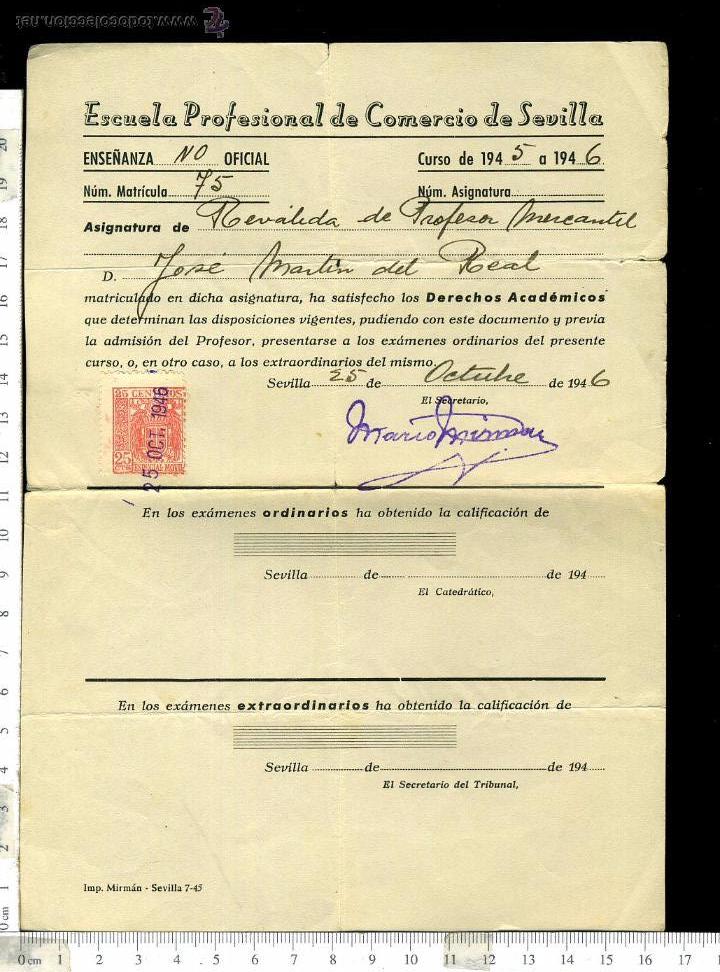 Documentos antigos: ANTIGUA PAPELETA DE EXAMEN escuela profesional de comercio de sevilla A&Ntilde;OS 40