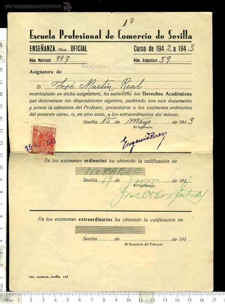 Documentos antigos: ANTIGUA PAPELETA DE EXAMEN escuela profesional de comercio de sevilla A&Ntilde;OS 40