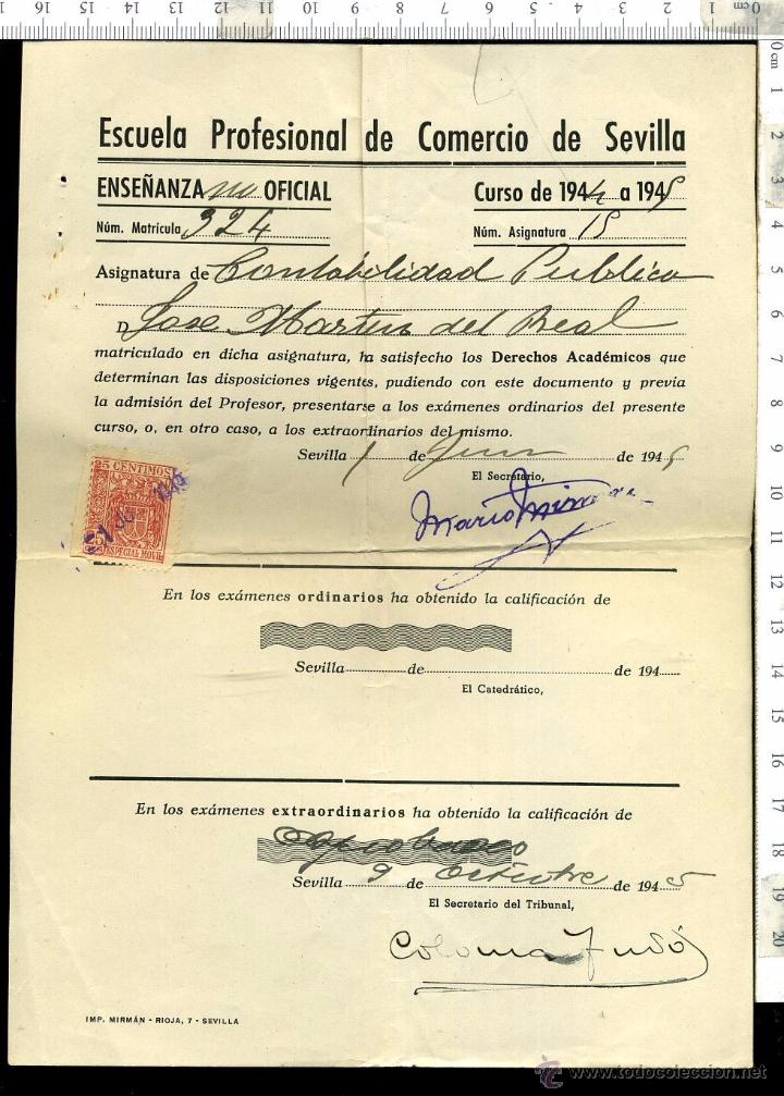 Documentos antigos: ANTIGUA PAPELETA DE EXAMEN escuela profesional de comercio de sevilla A&Ntilde;OS 40