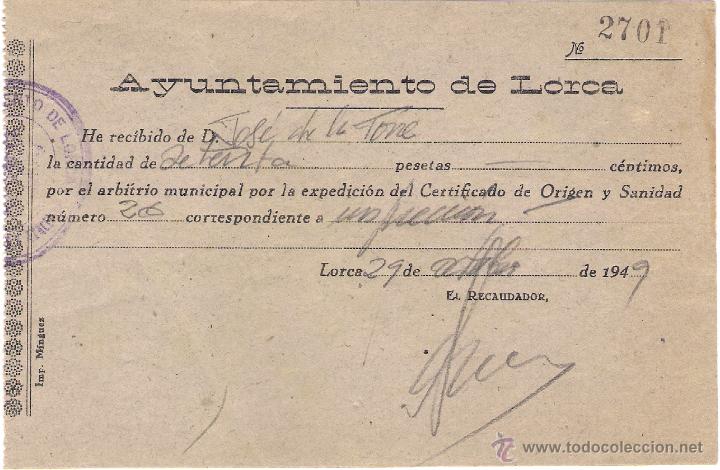 Documentos antiguos: ayuntamiento de lorca.arbitrios. recibo del 29-oct-1949 - Foto 1