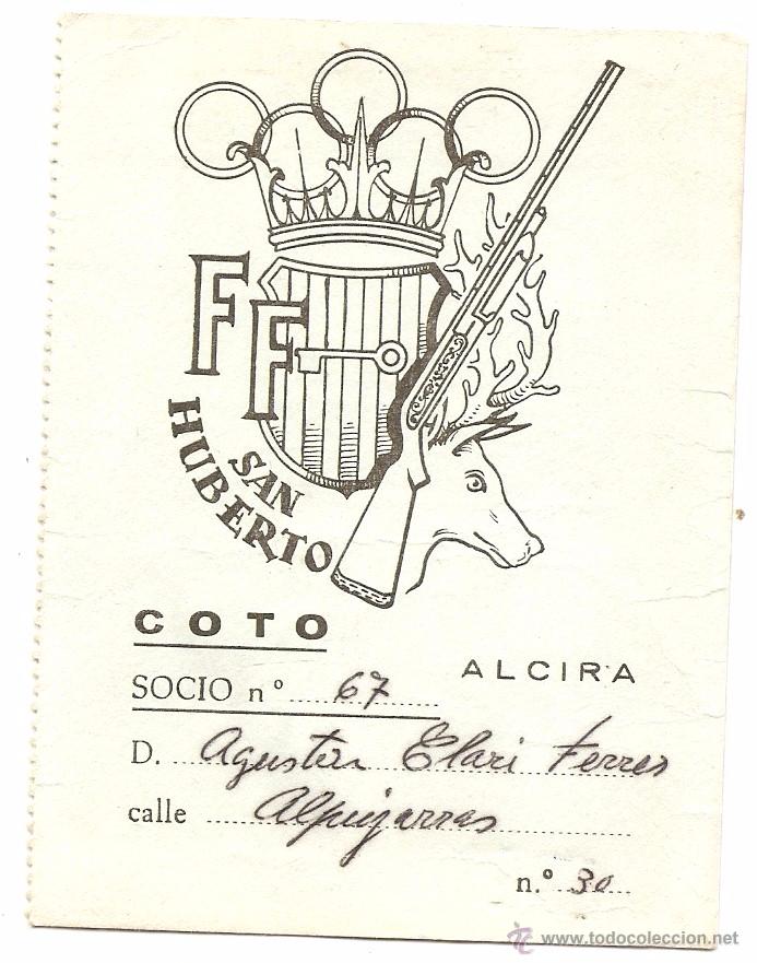 Documentos antiguos: Alcira (Valencia). Tarjeta de socio de coto de caza. 1965