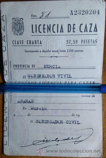 Documentos antiguos: ABARAN ANTIGUA LICENCIA DE CAZA FIRMADA POR EL GOBERNADOR CIVIL MURCIA 1958