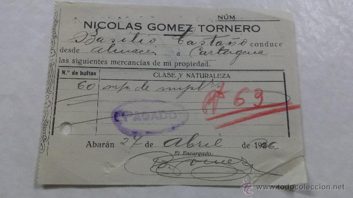 Documentos antiguos: ANTIGUO RECIBO ABARAN MURCIA - Foto 1