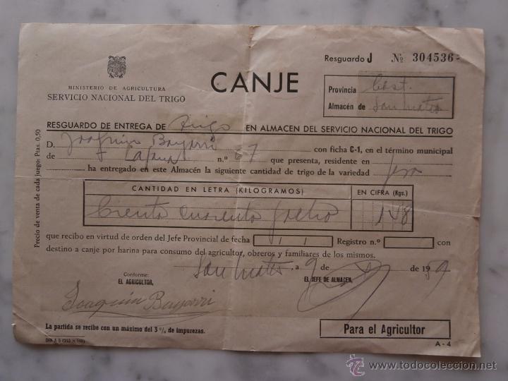 Documentos antigos: resguardo servicio nacional del trigo san mateo (castellon) 1959 con 2 polizas 0,25c.t.s.