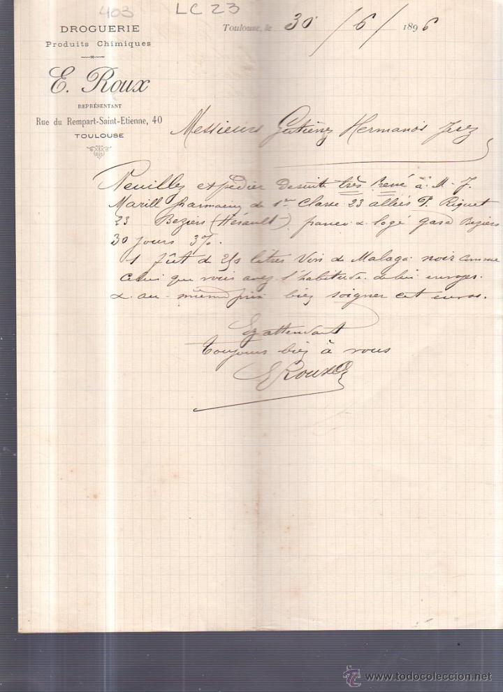 Documentos antiguos: CIRCULAR.DROGUERIE E.ROUX. TOLOUSE .1896. - Foto 1