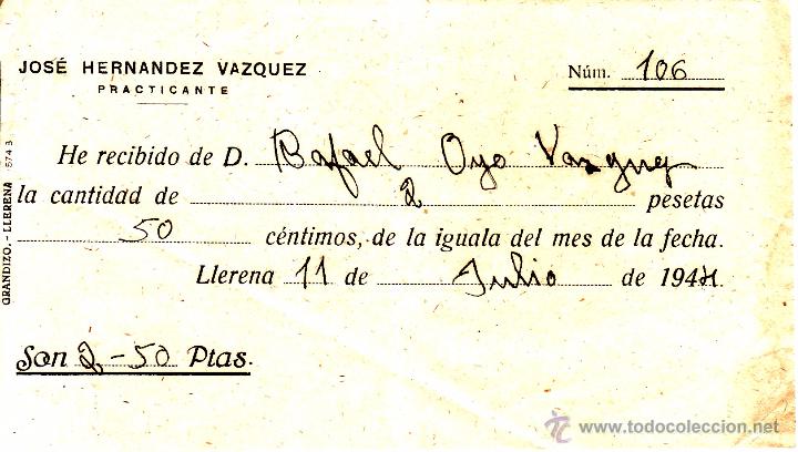 Documentos antiguos: CURIOSO RECIBO DE IGUALA DE PRACTICANTE FECHADO EN 1944 - 2,50 PESTAS