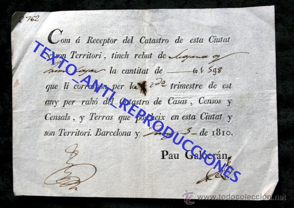 Documentos antiguos: RECIBO CATASTRO BARCELONA - 1810 - 2 firmas - marca de agua
