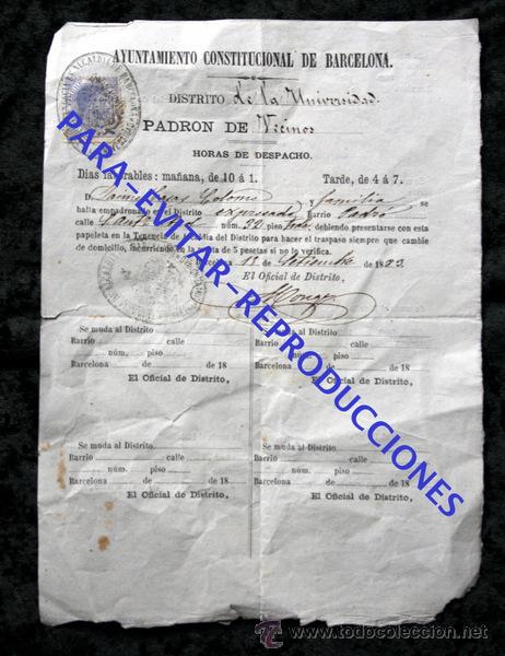 Documentos antiguos: 1883 -  PADRON VECINOS - BARCELONA - DISTRITO UNIVERSIDAD - - TIMBRE 10 cts. - 22x15,5cm