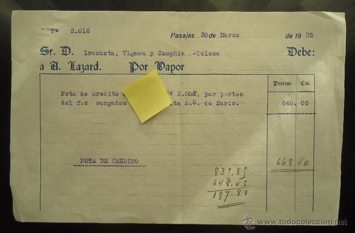 Documentos antiguos: factura pasajes pasaia guipuzcoa euskadi barco vapor mar cantabrico transporte maritimo buque