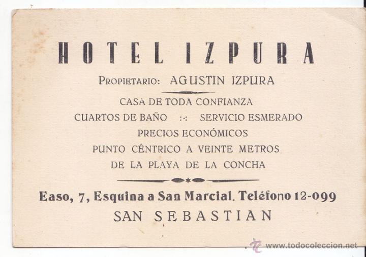 Documents Anciens: ANTIGUA TARJETA DE VISITA DEL HOTEL IZPURA. SAN SEBASTI&Aacute;N. GUIP&Uacute;ZCOA. PA&Iacute;S VASCO