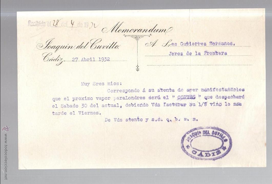 Documentos antiguos: MEMORANDUM. JOAQUIN DE CUVILLO. CADIZ. 1932. - Foto 1