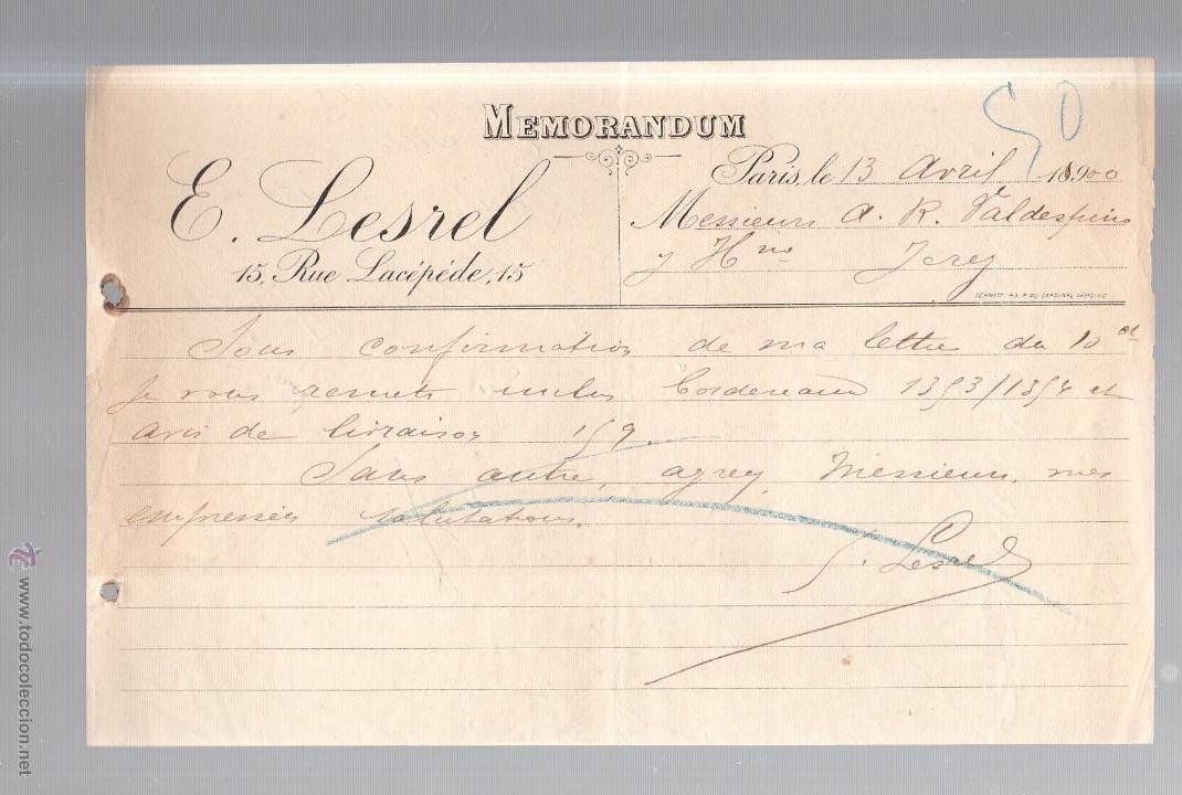Documentos antiguos: MEMORANDUM. E.LESREL. PARIS, FRANCIA. 1900 - Foto 1