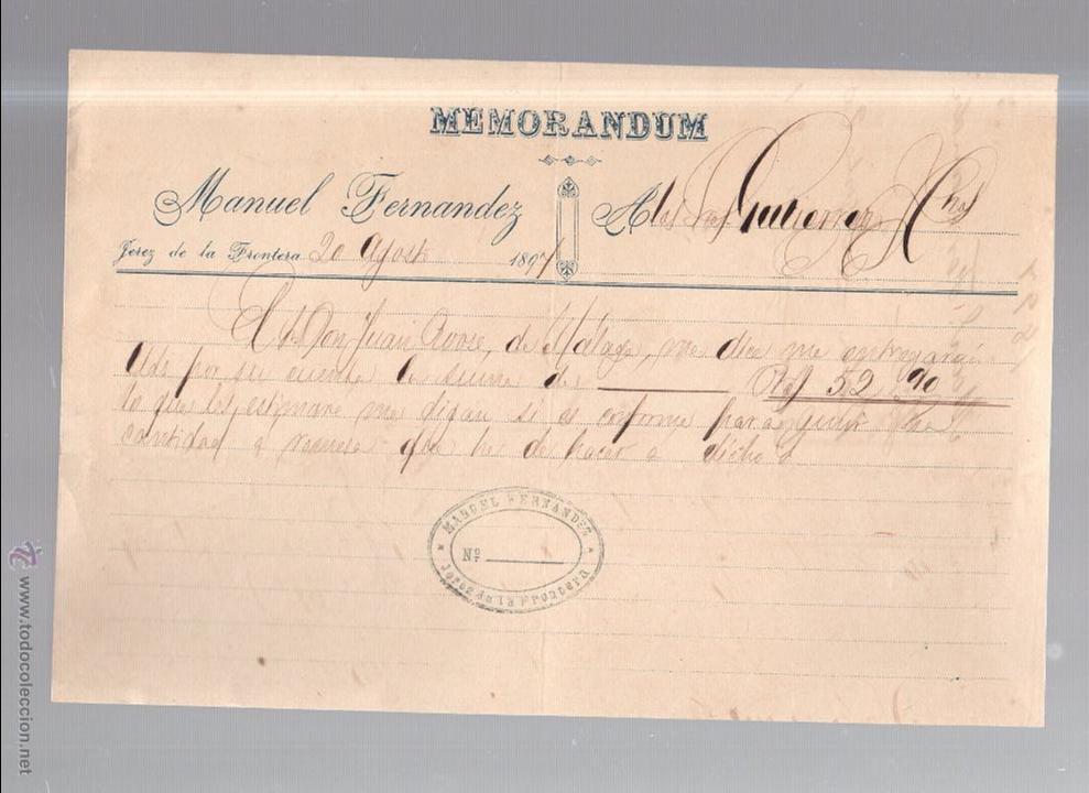 Documentos antiguos: MEMORANDUM. MANUEL FERNANDEZ. JEREZ DE LA FRONTERA. 1897. - Foto 1