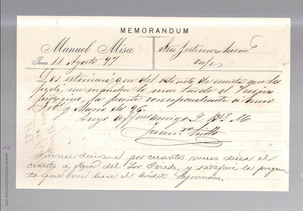 Documentos antiguos: MEMORANDUM. MANUEL MISA. JEREZ DE LA FRONTERA. CADIZ. 1897 - Foto 1