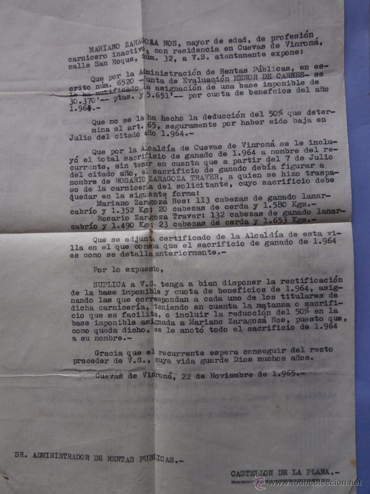 Documentos antigos: peticion de rectificacion de la cuota a pagar al ayuntamiento cuevas de vinroma (castellon) 1965