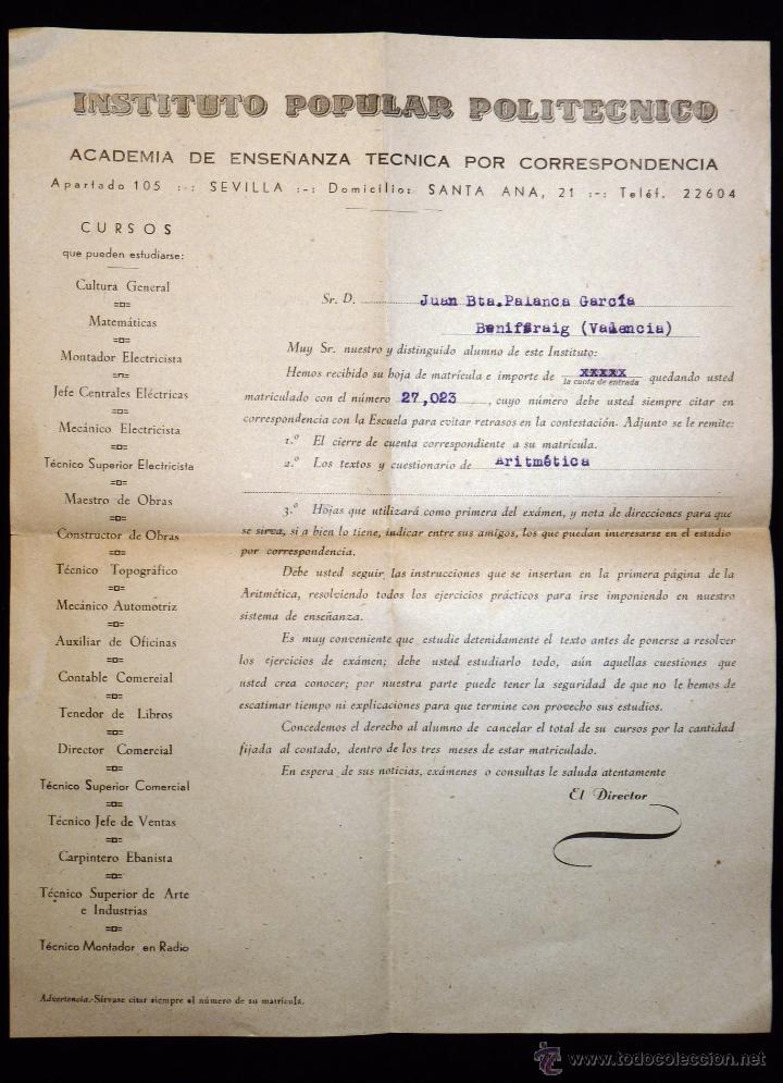 Documentos antiguos: LOTE DE DOCUMENTOS INSTITUTO POPULAR POLIT&Eacute;CNICO. SEVILLA 1952 - Foto 3