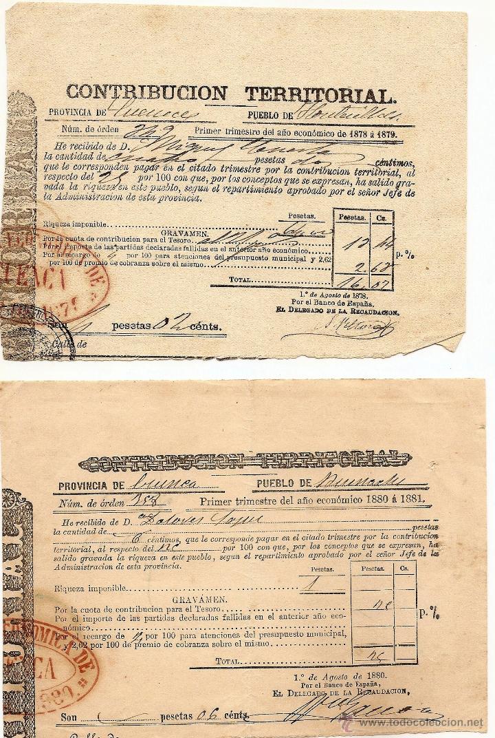 Documentos antiguos: CUENCA - DOS RECIBOS CONTRIBUCI&Oacute;N TERRITORIAL EJERCICIOS 1878-79 Y 1880-81 - Foto 1