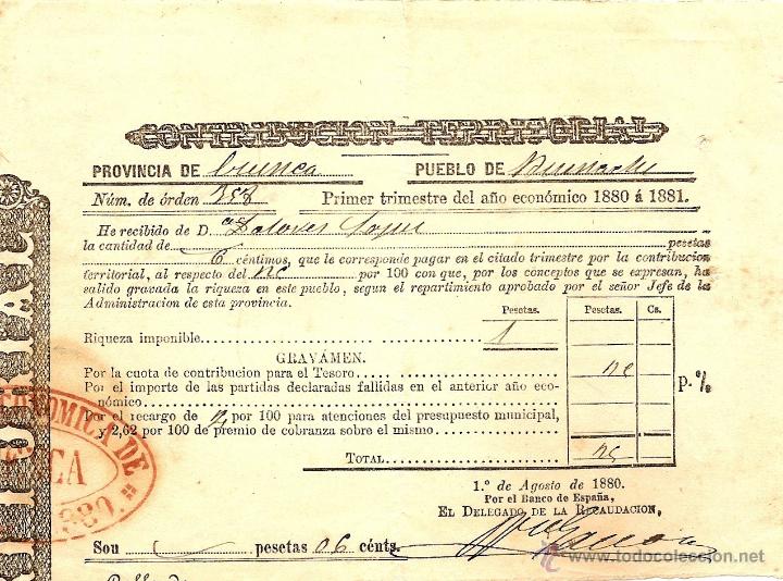 Documentos antiguos: CUENCA - DOS RECIBOS CONTRIBUCI&Oacute;N TERRITORIAL EJERCICIOS 1878-79 Y 1880-81 - Foto 2