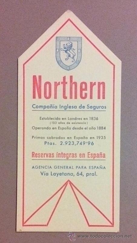 Old Documents: Tarjeta NORTHERN. Compa&ntilde;ia Inglesa de Seguros. R&iacute;gida con forma triangular. 17,5cm. Sin fecha. Nueva