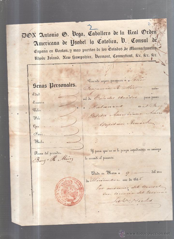 Documentos antiguos: PASAPORTE DE BOSTON A MATANZAS, CUBA. 1845 - Foto 1