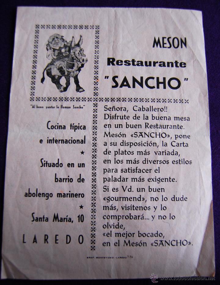 Documentos antiguos: PUBLICIDAD DEL MESON RESTAURANTE SANCHO. LAREDO (CANTABRIA). A&Ntilde;O 1976.