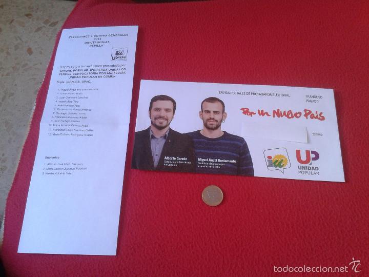 Documentos antiguos: SOBRE CON PAPELETA ELECCIONES GENERALES 2015 DIPUTADOS CONGRESO PROVINCIA DE SEVILLA IU UP UNIDAD PO