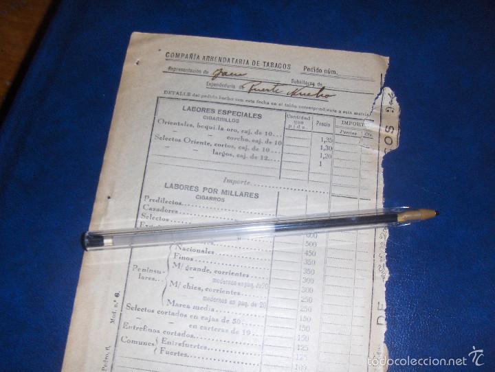 Documentos antiguos: COMPA&Ntilde;IA ARRENDATARIA DE TABACO, HOJA DE PEDIDO DE LABORES, CIGARROS. DICIEMBRE 1936, GUERRA CIVIL.