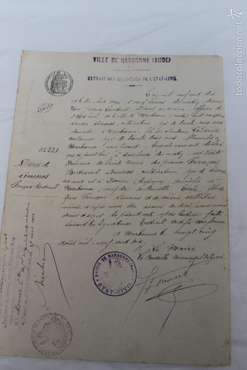 Alte Dokumente: DOCUMENTO CON SELLOS FISCALES VILLE DE NARBONNE AUDE, 1910