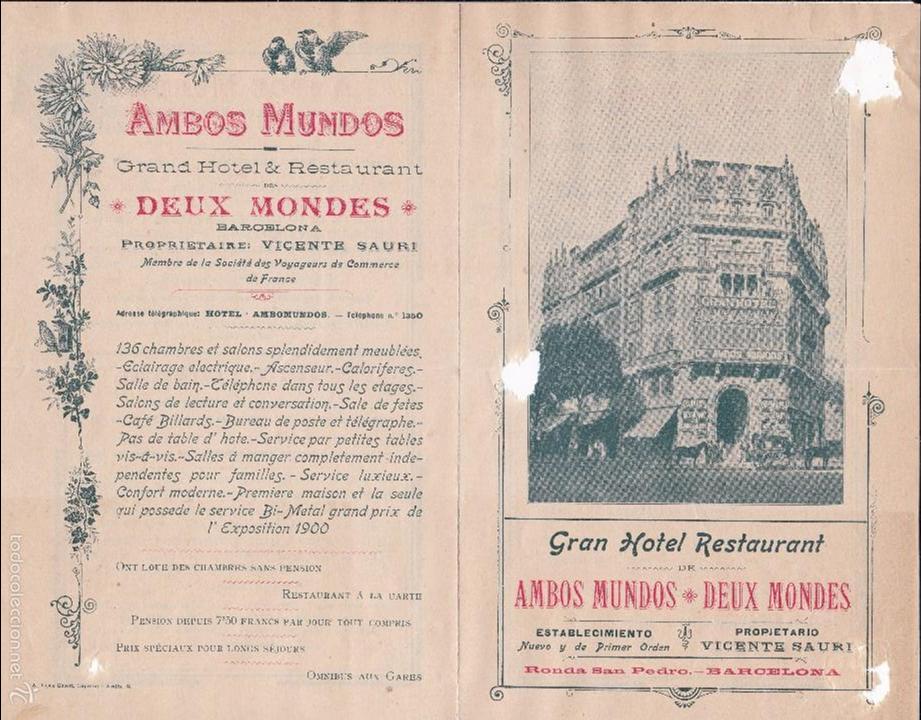 Documentos antiguos: Hotel Restaurant Ambos Mundos Barcelona publicidad 21x13 ctms. Ver foto adicional