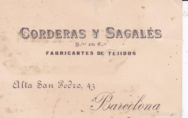 Documentos antiguos: Corderas y Sagal&eacute;s Barcelona finales siglo XIX - Foto 1