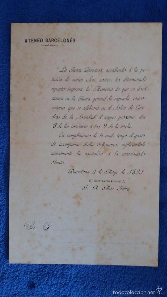 Documentos antiguos: MEMORIA ATENEO BARCELONES 1891 / ADQUISICI&Oacute;N NUEVO EDIFICIO - Foto 2