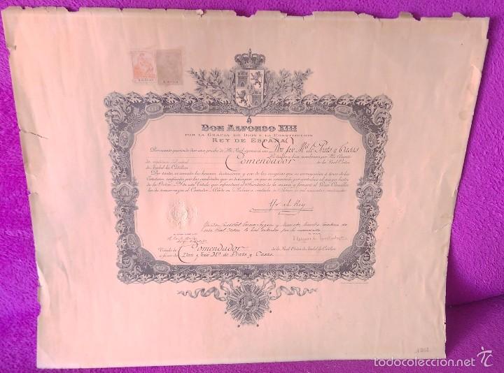 Documentos antiguos: TITULO DE COMENDADOR DEL REY ALFONSO XIII A JOSE MARIA PRATS Y CASAS 1924