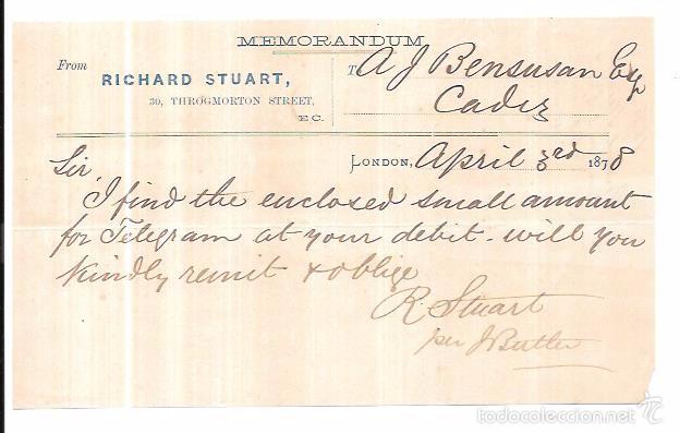 Documentos antiguos: MEMORANDUM. RICHARD STUART. LONDON. 1878. - Foto 1