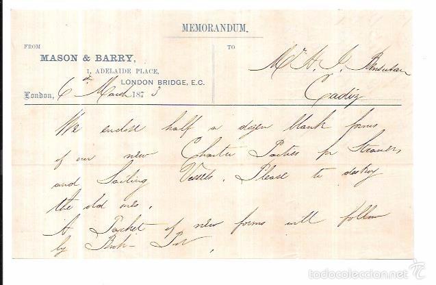 Documentos antiguos: MEMORANDUM. MASON & BARRY. LONDON. 1873. - Foto 1