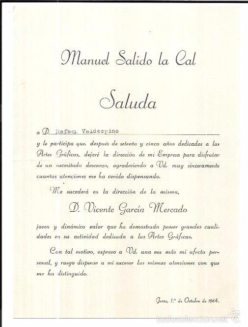 Documentos antiguos: SALUDA. MANUEL SALIDO LA CAL. OCTUBRE DE 1964. - Foto 1