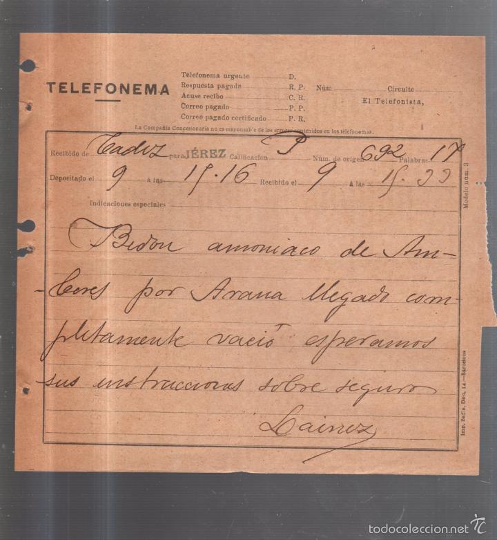 Documentos antiguos: TELEFONEMA. 1912. DE CADIZ PARA JEREZ - Foto 1