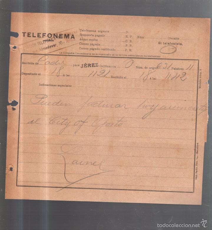 Documentos antiguos: TELEFONEMA. 1912. DE CADIZ PARA JEREZ - Foto 1