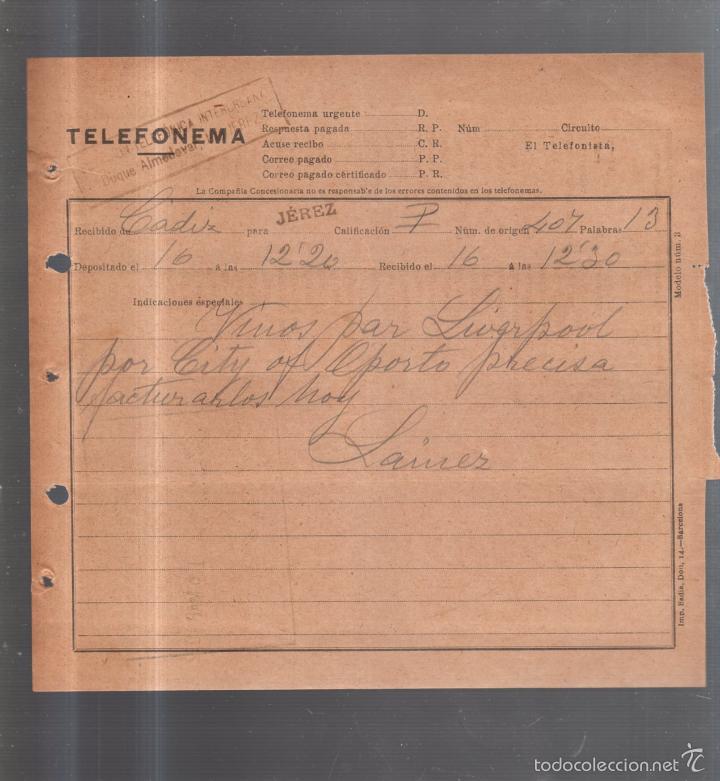 Documentos antiguos: TELEFONEMA. 1912. DE CADIZ PARA JEREZ - Foto 1
