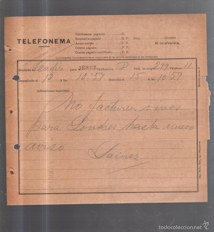 Documentos antiguos: TELEFONEMA. 1912. DE CADIZ PARA JEREZ - Foto 1