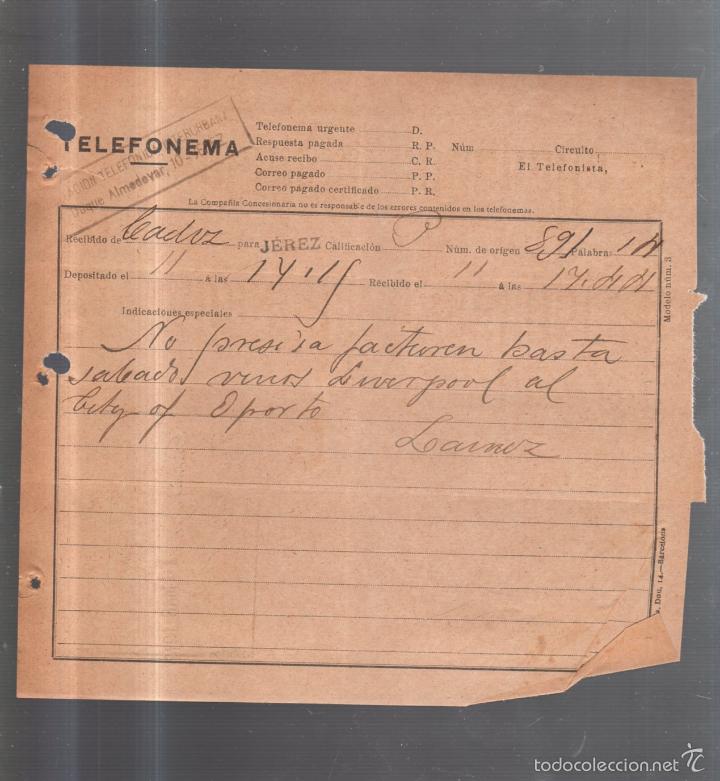 Documentos antiguos: TELEFONEMA. 1912. DE CADIZ PARA JEREZ - Foto 1