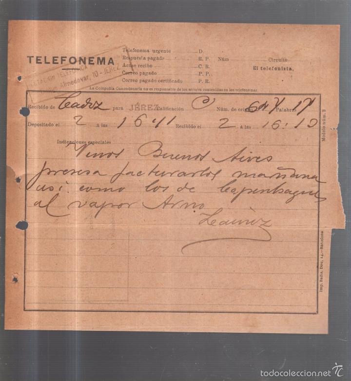 Documentos antiguos: TELEFONEMA. 1912. DE CADIZ PARA JEREZ - Foto 1