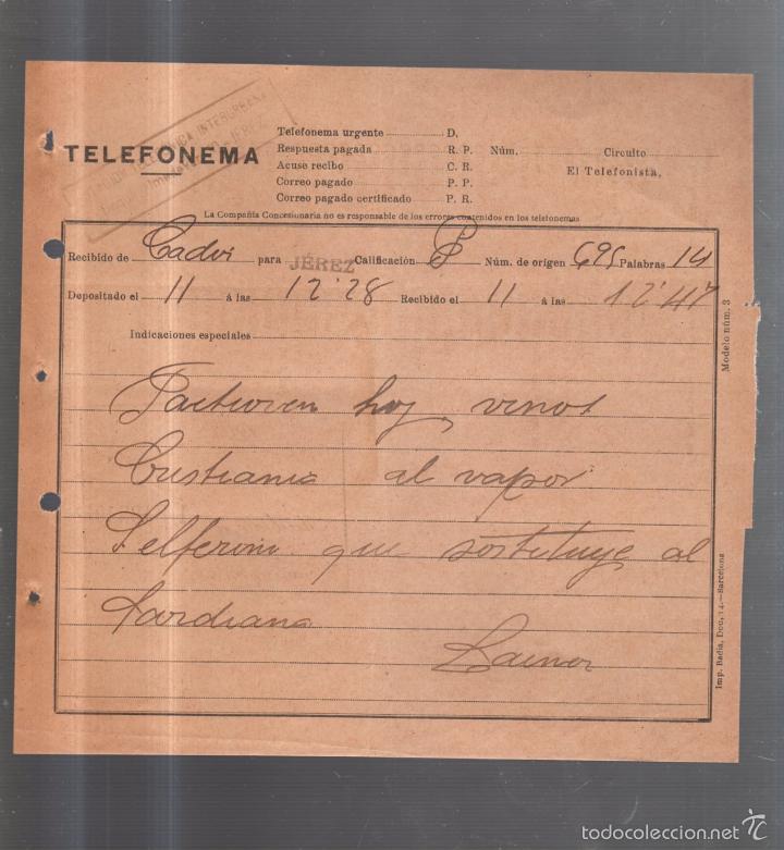 Documentos antiguos: TELEFONEMA. 1912. DE CADIZ PARA JEREZ - Foto 1
