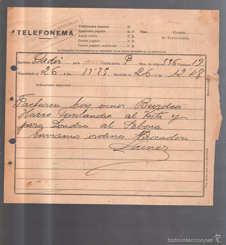 Documentos antiguos: TELEFONEMA. 1912. DE CADIZ PARA JEREZ - Foto 1