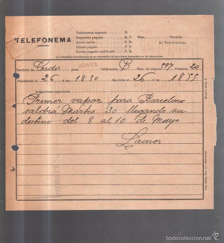 Documentos antiguos: TELEFONEMA. 1912. DE CADIZ PARA JEREZ - Foto 1