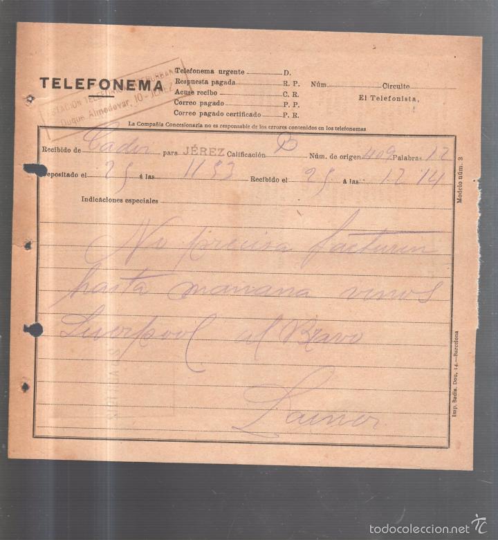 Documentos antiguos: TELEFONEMA. 1912. DE CADIZ PARA JEREZ - Foto 1
